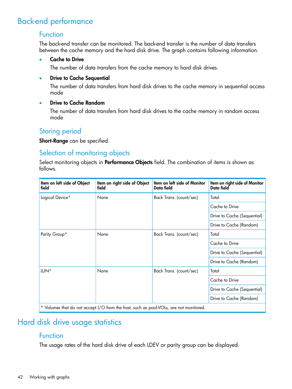 Back-end performance, Hard disk drive usage statistics, Function | Storing period, Selection of monitoring objects | HP XP P9000 for Compatible High Perf FICON Connectivity Software User Manual | Page 42 / 205