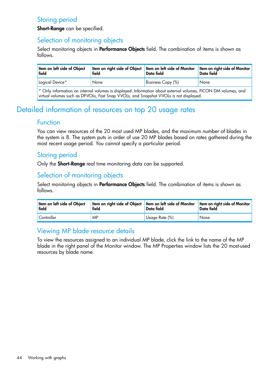 Storing period, Selection of monitoring objects, Function | Viewing mp blade resource details | HP XP P9000 for Compatible High Perf FICON Connectivity Software User Manual | Page 44 / 205