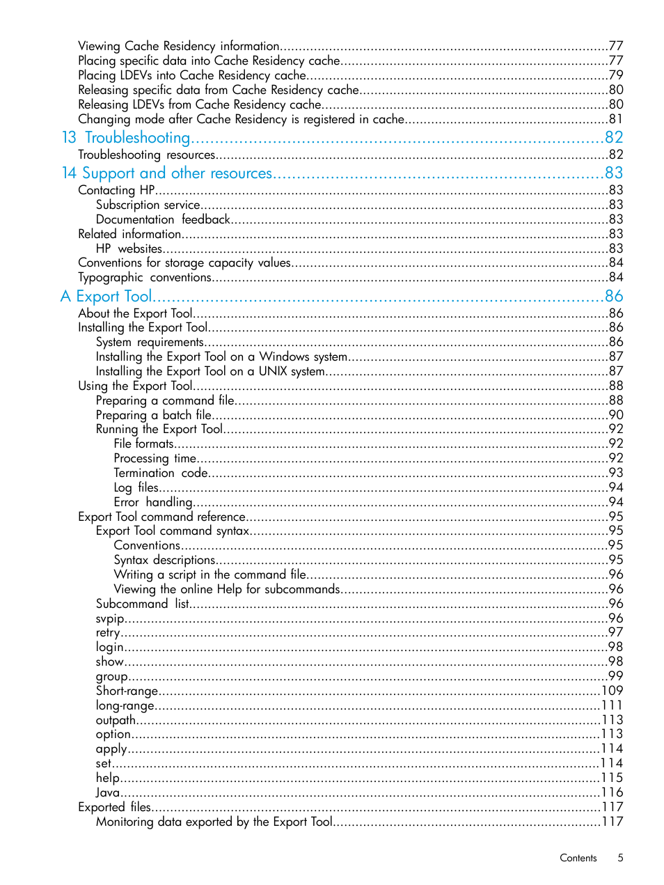 13 troubleshooting, 14 support and other resources, A export tool | HP XP P9000 for Compatible High Perf FICON Connectivity Software User Manual | Page 5 / 205
