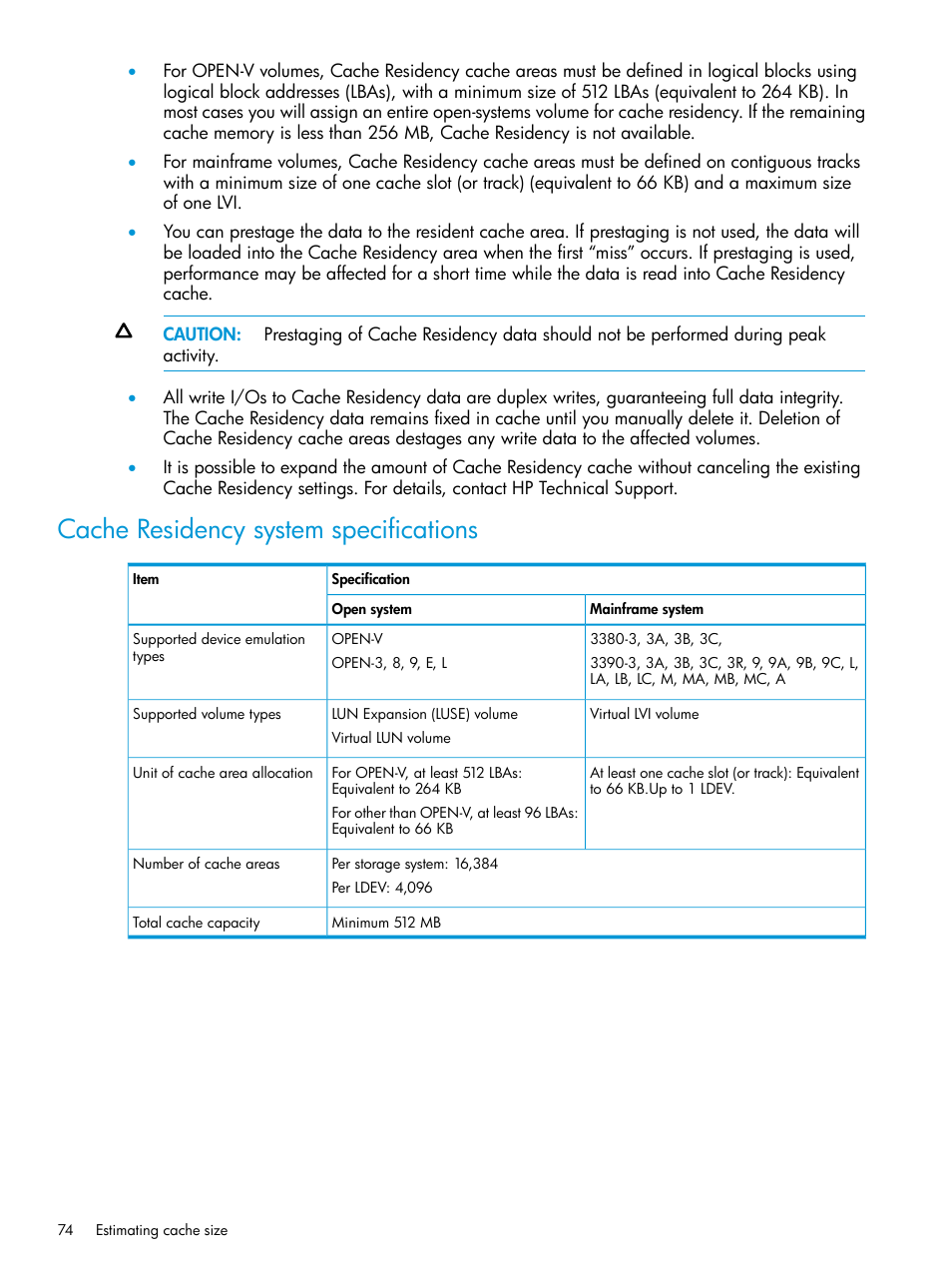 Cache residency system specifications | HP XP P9000 for Compatible High Perf FICON Connectivity Software User Manual | Page 74 / 205