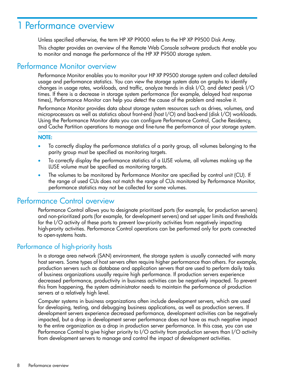 1 performance overview, Performance monitor overview, Performance control overview | Performance of high-priority hosts | HP XP P9000 for Compatible High Perf FICON Connectivity Software User Manual | Page 8 / 205