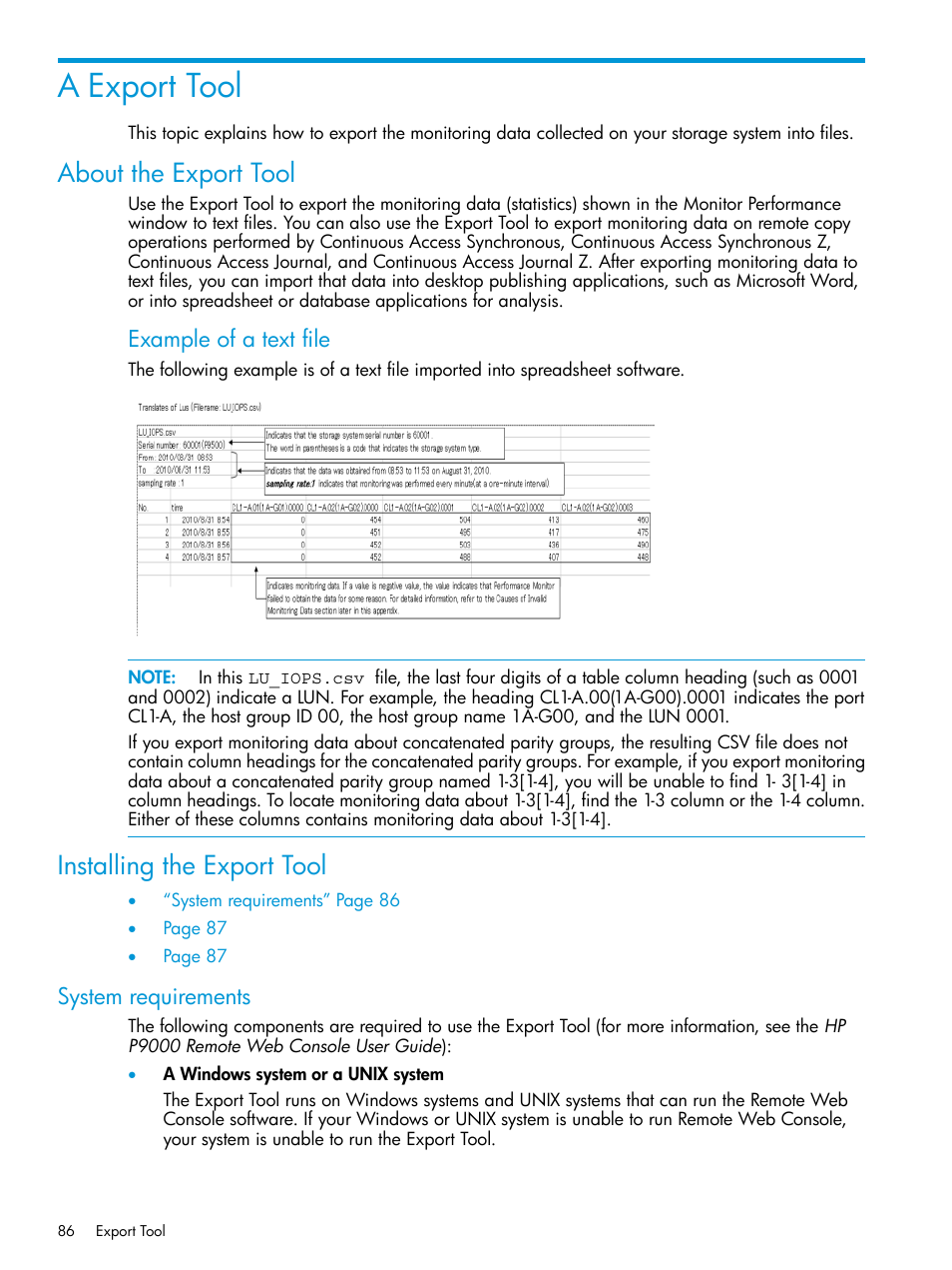 A export tool, About the export tool, Installing the export tool | System requirements, About the export tool installing the export tool | HP XP P9000 for Compatible High Perf FICON Connectivity Software User Manual | Page 86 / 205