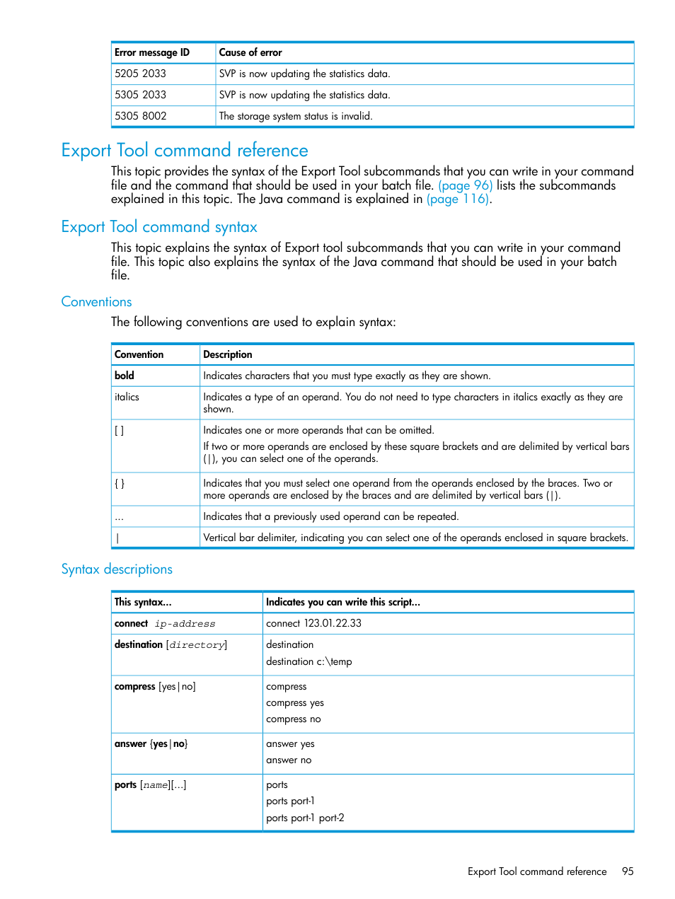 Export tool command reference, Export tool command syntax, Conventions | Syntax descriptions, Conventions syntax descriptions | HP XP P9000 for Compatible High Perf FICON Connectivity Software User Manual | Page 95 / 205