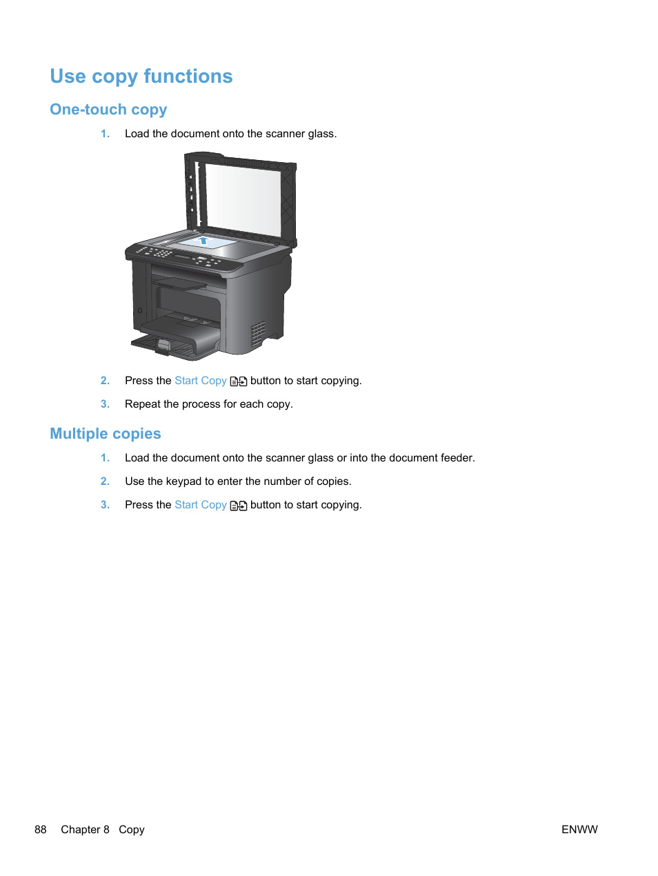 Use copy functions, One-touch copy, Multiple copies | One-touch copy multiple copies | HP LaserJet Pro M1536dnf MFP SERIES User Manual | Page 102 / 286