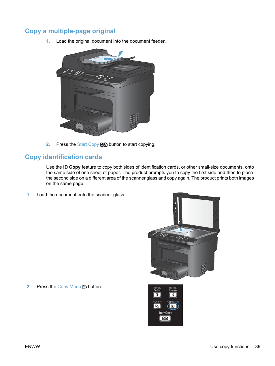 Copy identification cards, Copy a multiple-page original | HP LaserJet Pro M1536dnf MFP SERIES User Manual | Page 103 / 286