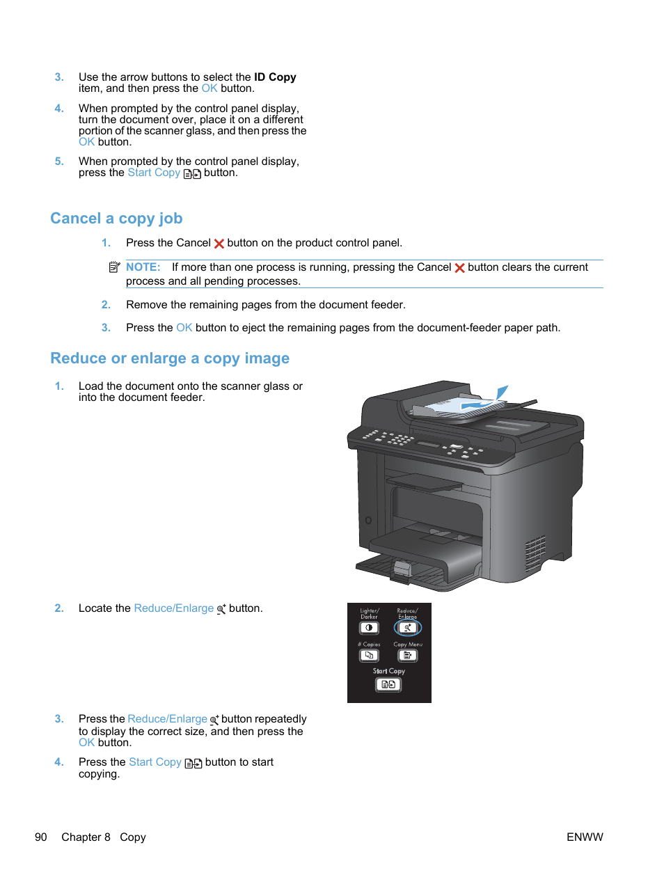 Cancel a copy job, Reduce or enlarge a copy image, Cancel a copy job reduce or enlarge a copy image | HP LaserJet Pro M1536dnf MFP SERIES User Manual | Page 104 / 286