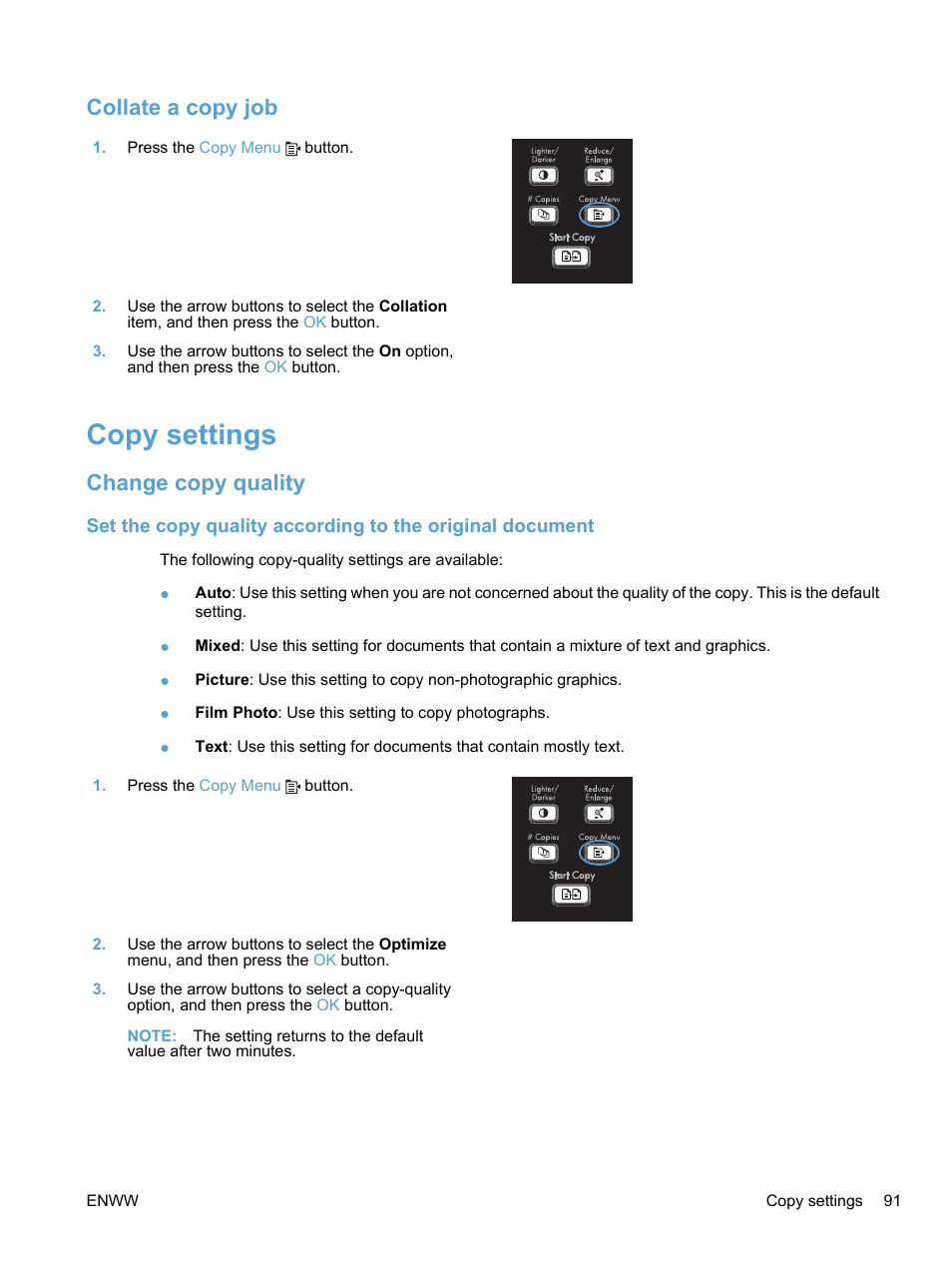 Collate a copy job, Copy settings, Change copy quality | HP LaserJet Pro M1536dnf MFP SERIES User Manual | Page 105 / 286