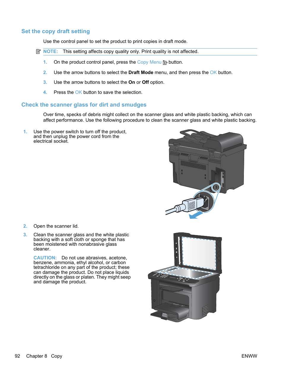 Set the copy draft setting, Check the scanner glass for dirt and smudges | HP LaserJet Pro M1536dnf MFP SERIES User Manual | Page 106 / 286