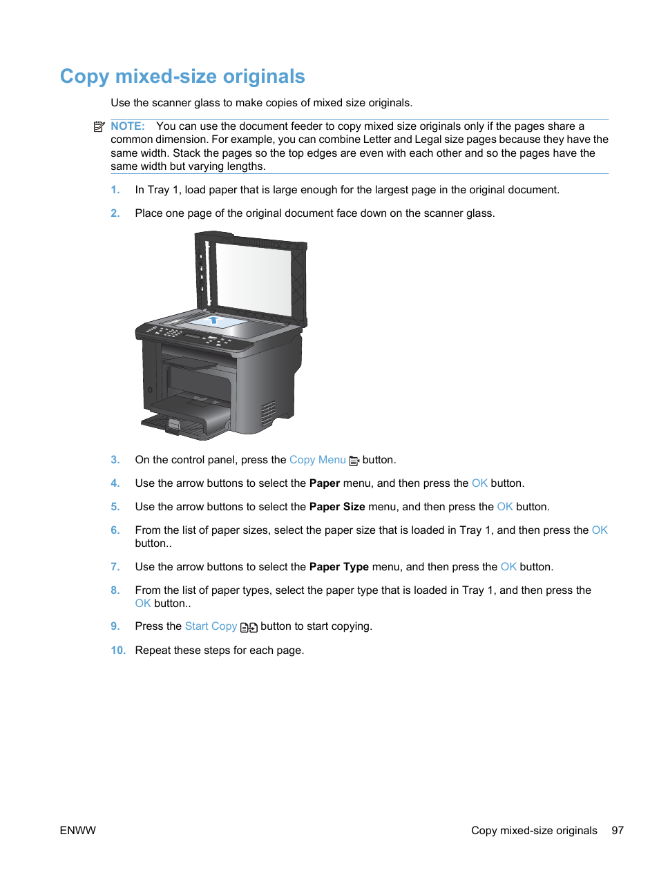 Copy mixed-size originals | HP LaserJet Pro M1536dnf MFP SERIES User Manual | Page 111 / 286