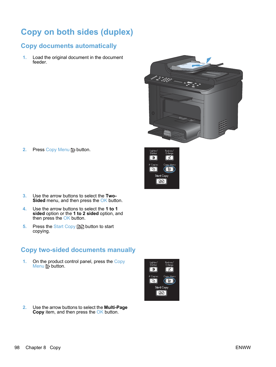 Copy on both sides (duplex), Copy documents automatically, Copy two-sided documents manually | HP LaserJet Pro M1536dnf MFP SERIES User Manual | Page 112 / 286