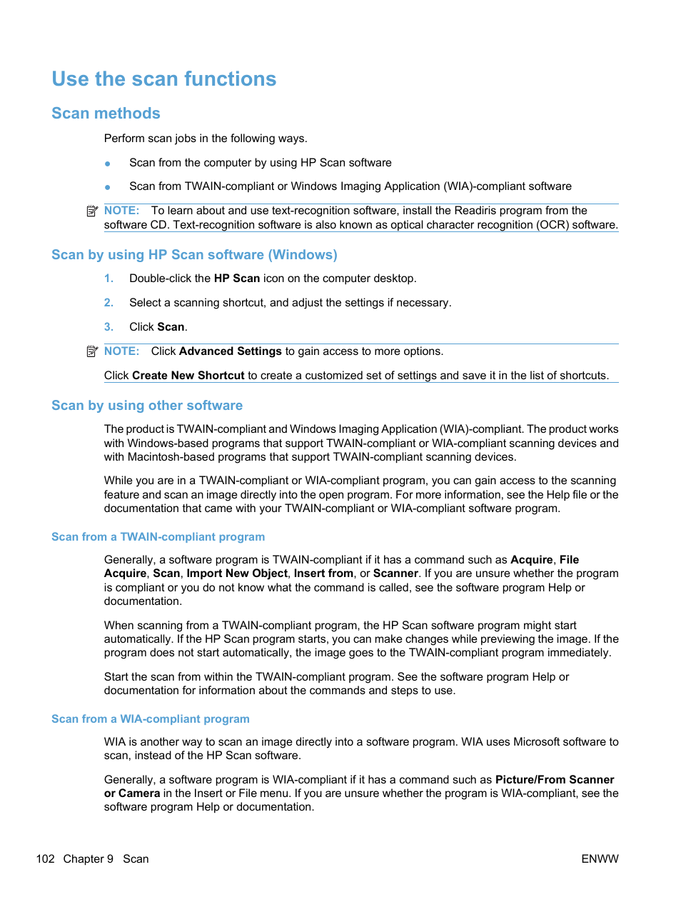 Use the scan functions, Scan methods, Scan by using hp scan software (windows) | Scan by using other software, Scan from a twain-compliant program, Scan from a wia-compliant program | HP LaserJet Pro M1536dnf MFP SERIES User Manual | Page 116 / 286