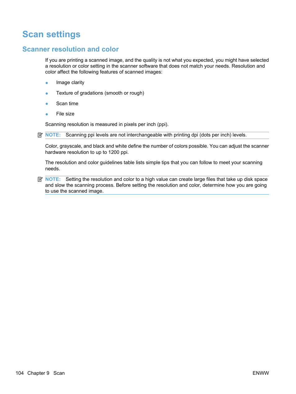 Scan settings, Scanner resolution and color | HP LaserJet Pro M1536dnf MFP SERIES User Manual | Page 118 / 286