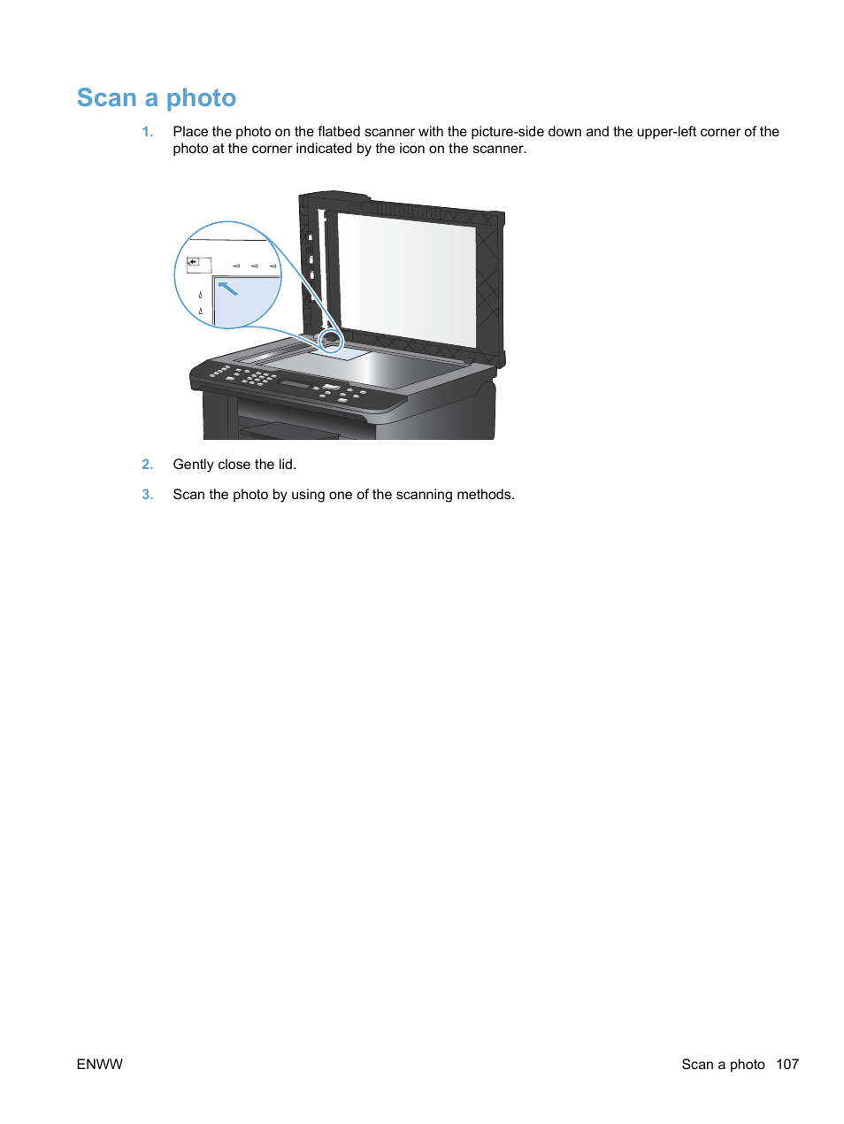 Scan a photo | HP LaserJet Pro M1536dnf MFP SERIES User Manual | Page 121 / 286