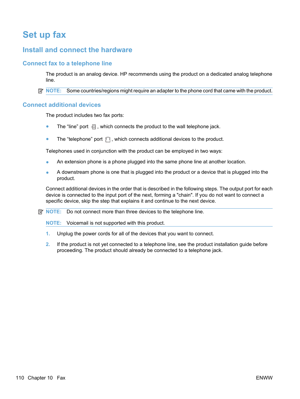 Set up fax, Install and connect the hardware, Connect fax to a telephone line | Connect additional devices | HP LaserJet Pro M1536dnf MFP SERIES User Manual | Page 124 / 286