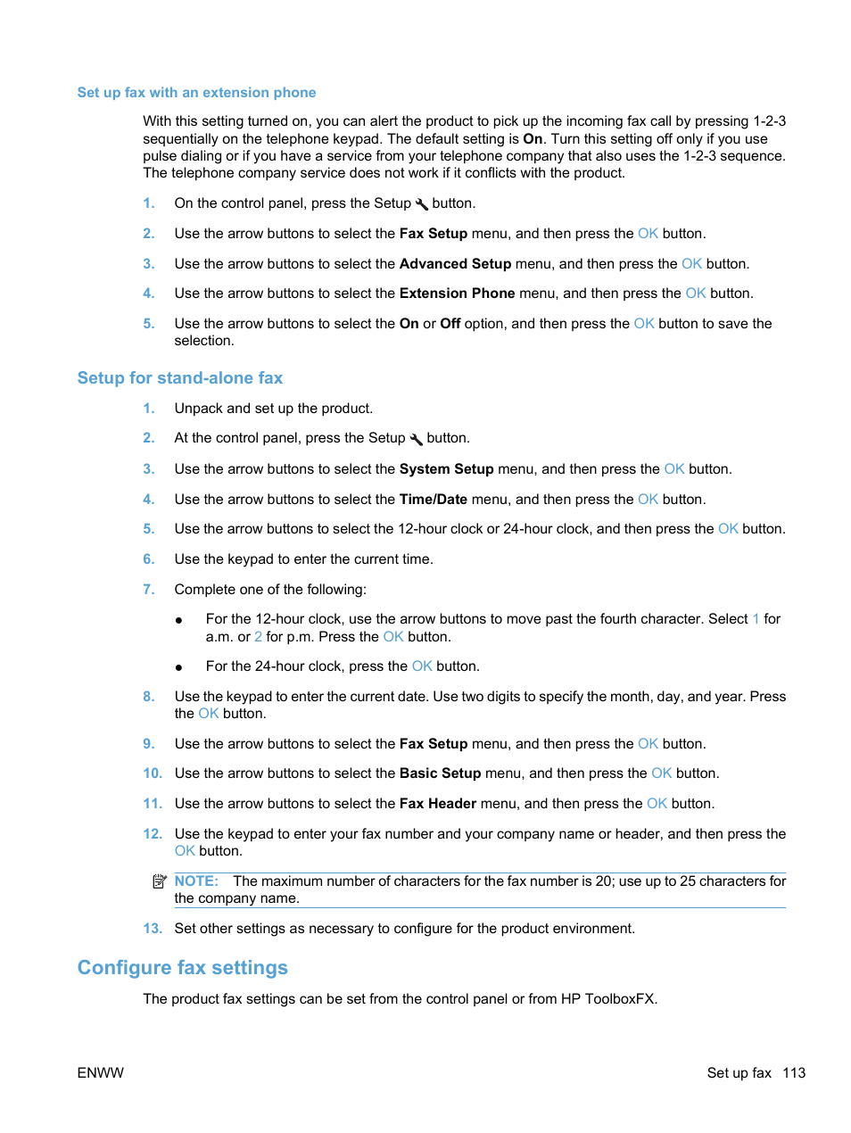 Set up fax with an extension phone, Setup for stand-alone fax, Configure fax settings | HP LaserJet Pro M1536dnf MFP SERIES User Manual | Page 127 / 286