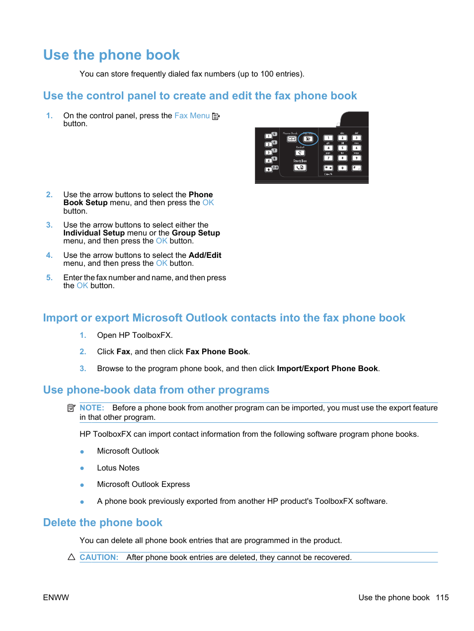Use the phone book, Use phone-book data from other programs, Delete the phone book | HP LaserJet Pro M1536dnf MFP SERIES User Manual | Page 129 / 286