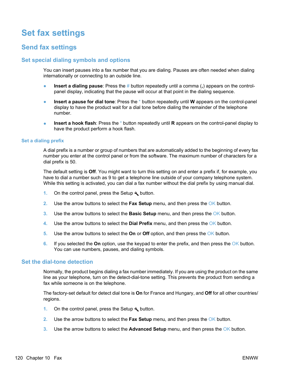 Set fax settings, Send fax settings, Set special dialing symbols and options | Set a dialing prefix, Set the dial-tone detection | HP LaserJet Pro M1536dnf MFP SERIES User Manual | Page 134 / 286