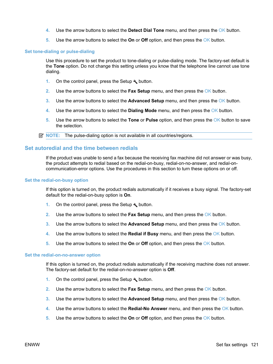 Set tone-dialing or pulse-dialing, Set autoredial and the time between redials | HP LaserJet Pro M1536dnf MFP SERIES User Manual | Page 135 / 286