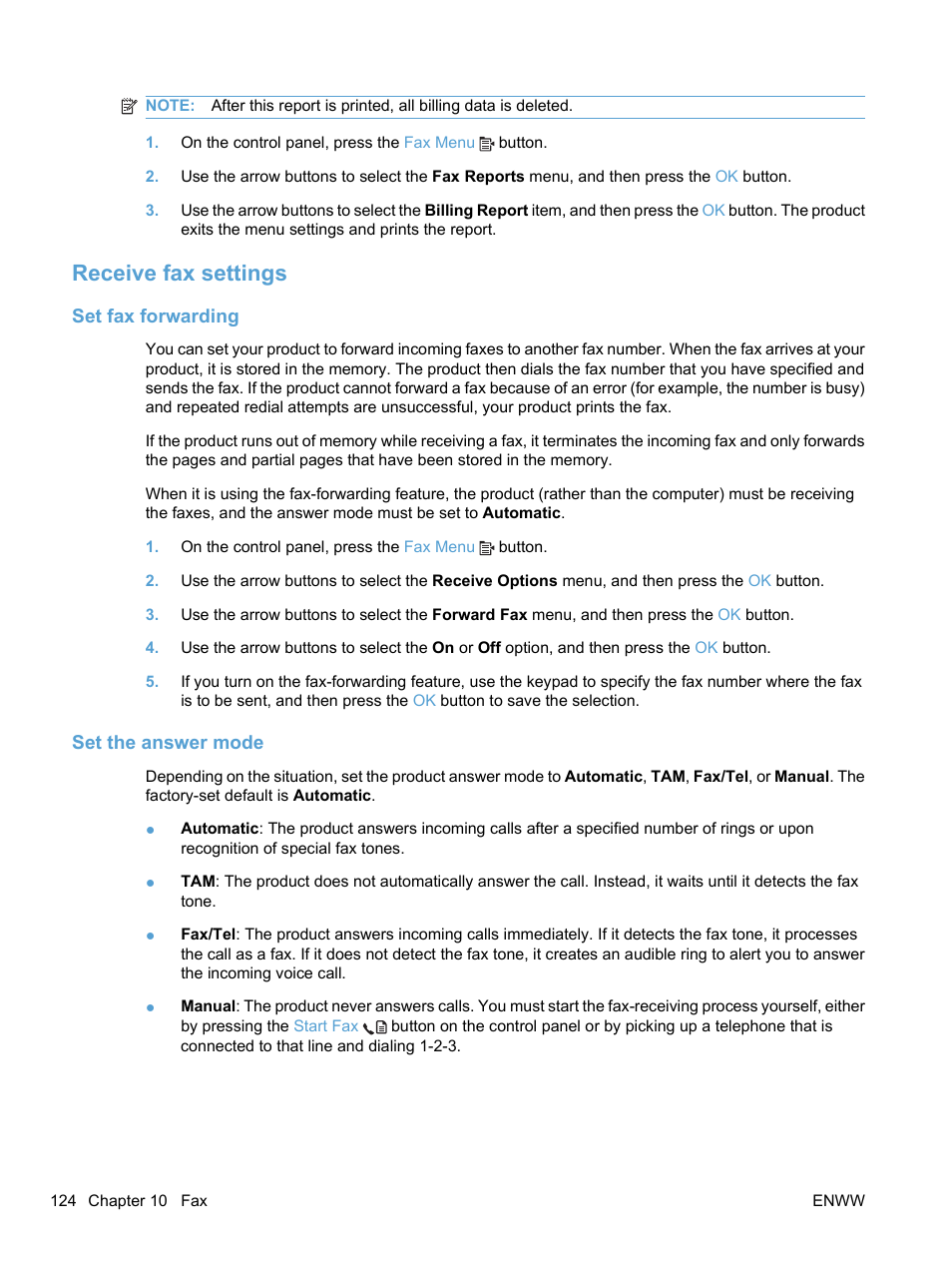 Receive fax settings, Set fax forwarding, Set the answer mode | HP LaserJet Pro M1536dnf MFP SERIES User Manual | Page 138 / 286