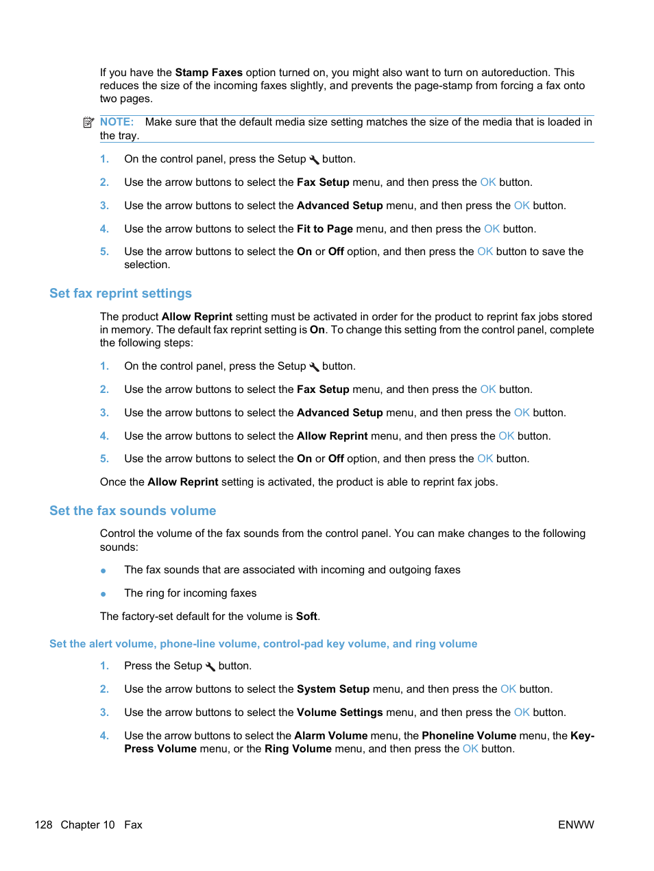 Set fax reprint settings, Set the fax sounds volume | HP LaserJet Pro M1536dnf MFP SERIES User Manual | Page 142 / 286