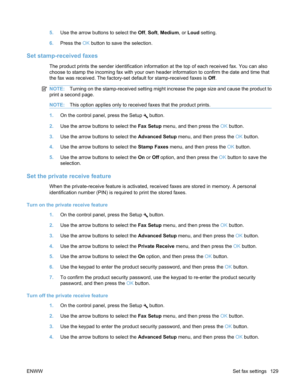 Set stamp-received faxes, Set the private receive feature | HP LaserJet Pro M1536dnf MFP SERIES User Manual | Page 143 / 286