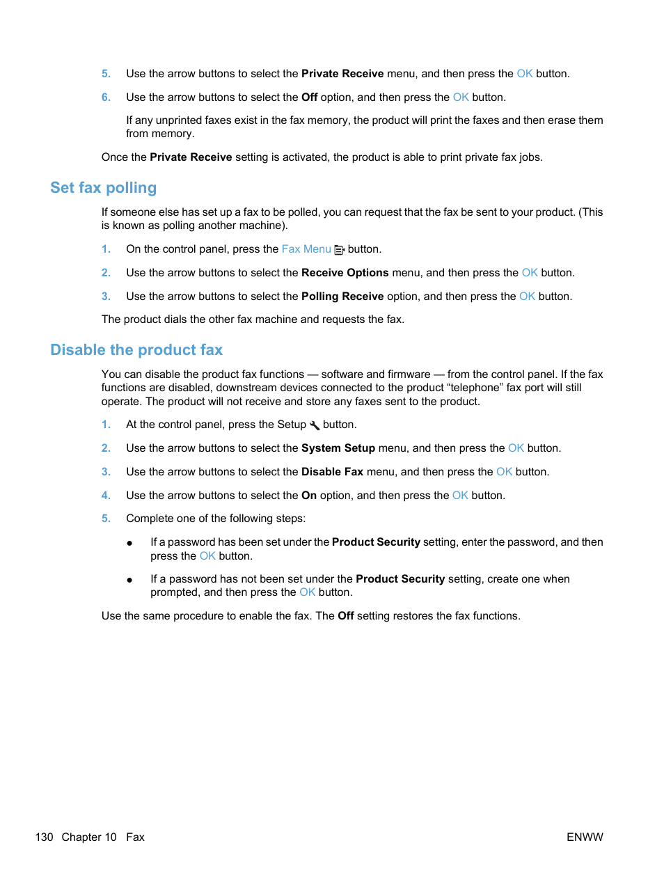 Set fax polling, Disable the product fax, Set fax polling disable the product fax | HP LaserJet Pro M1536dnf MFP SERIES User Manual | Page 144 / 286