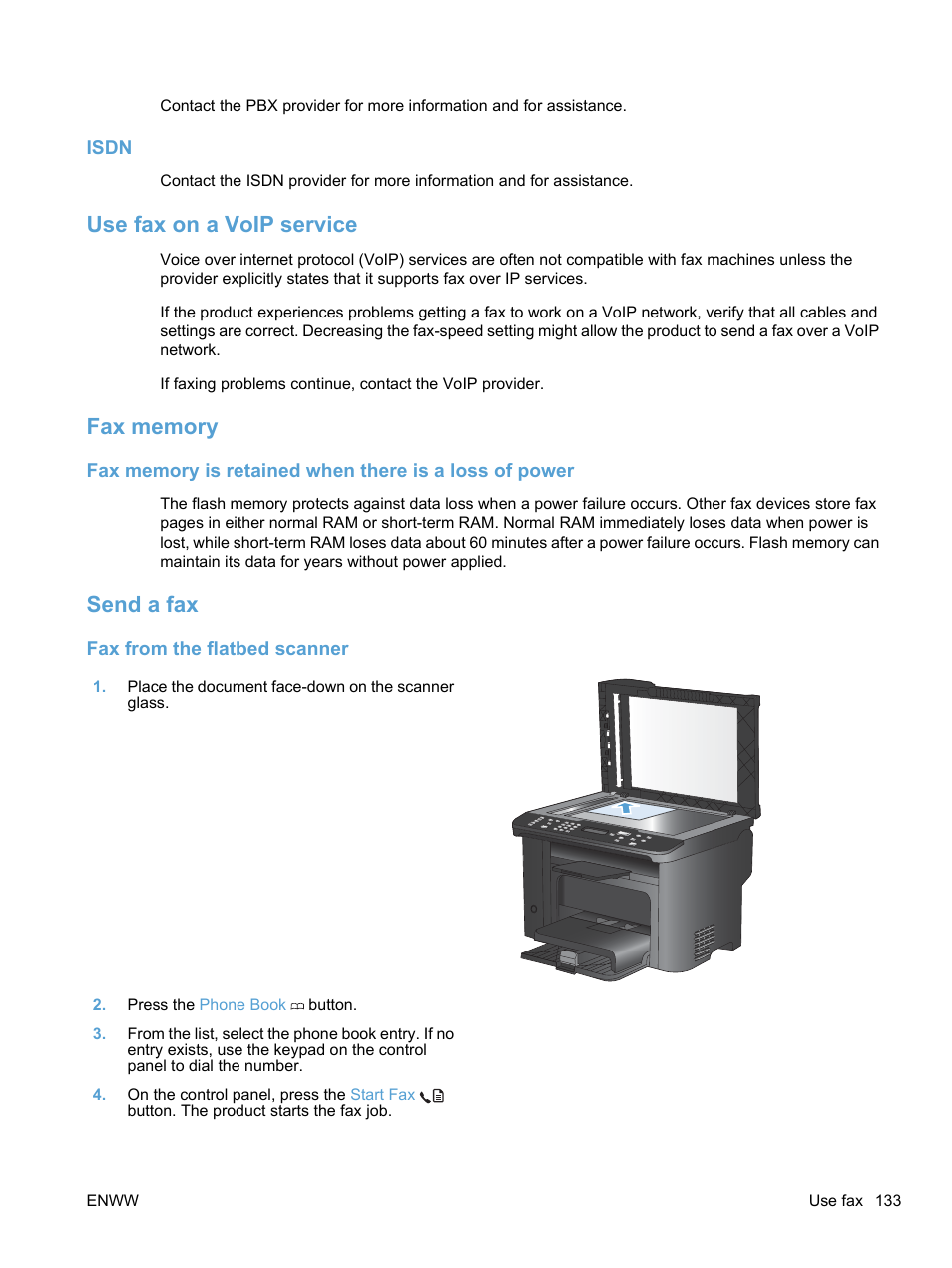 Isdn, Use fax on a voip service, Fax memory | Send a fax, Fax from the flatbed scanner, Use fax on a voip service fax memory send a fax | HP LaserJet Pro M1536dnf MFP SERIES User Manual | Page 147 / 286