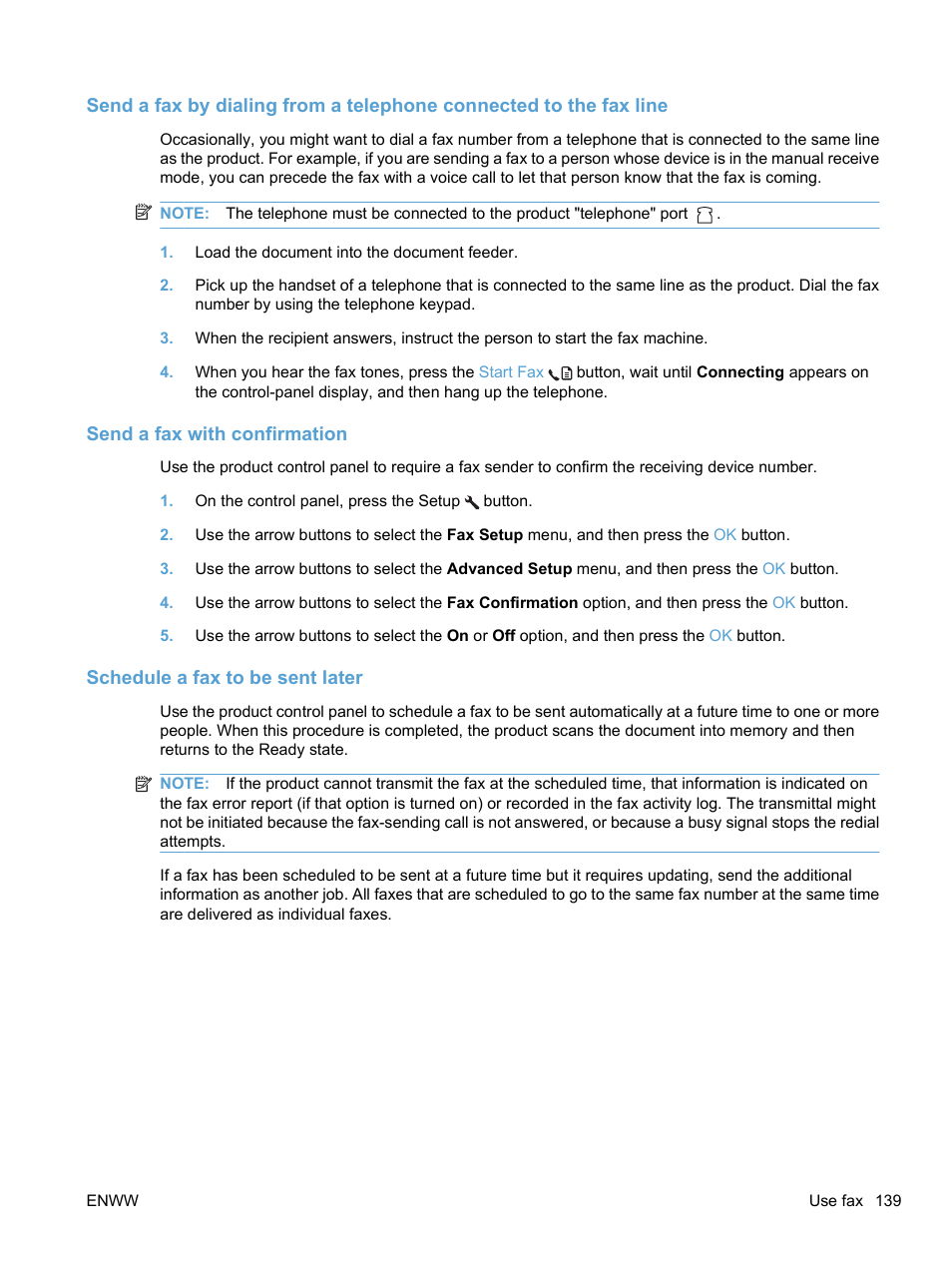 Send a fax with confirmation, Schedule a fax to be sent later | HP LaserJet Pro M1536dnf MFP SERIES User Manual | Page 153 / 286