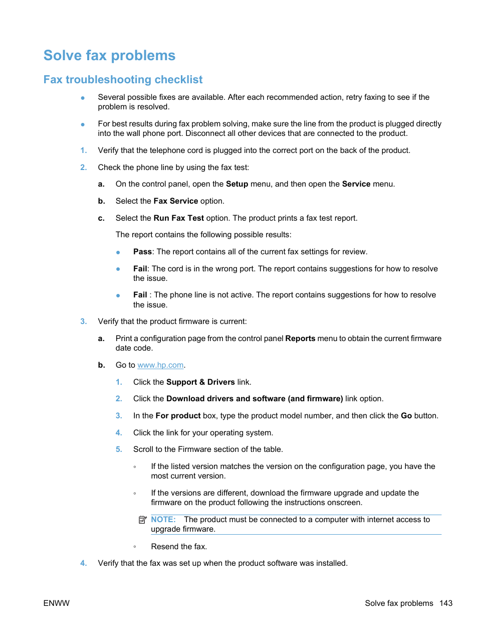 Solve fax problems, Fax troubleshooting checklist | HP LaserJet Pro M1536dnf MFP SERIES User Manual | Page 157 / 286