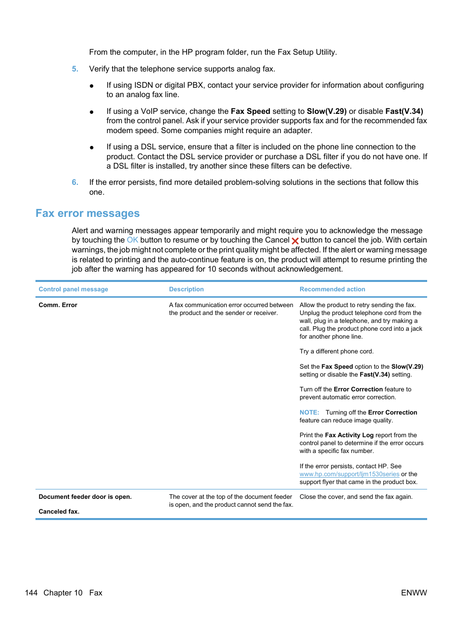 Fax error messages | HP LaserJet Pro M1536dnf MFP SERIES User Manual | Page 158 / 286