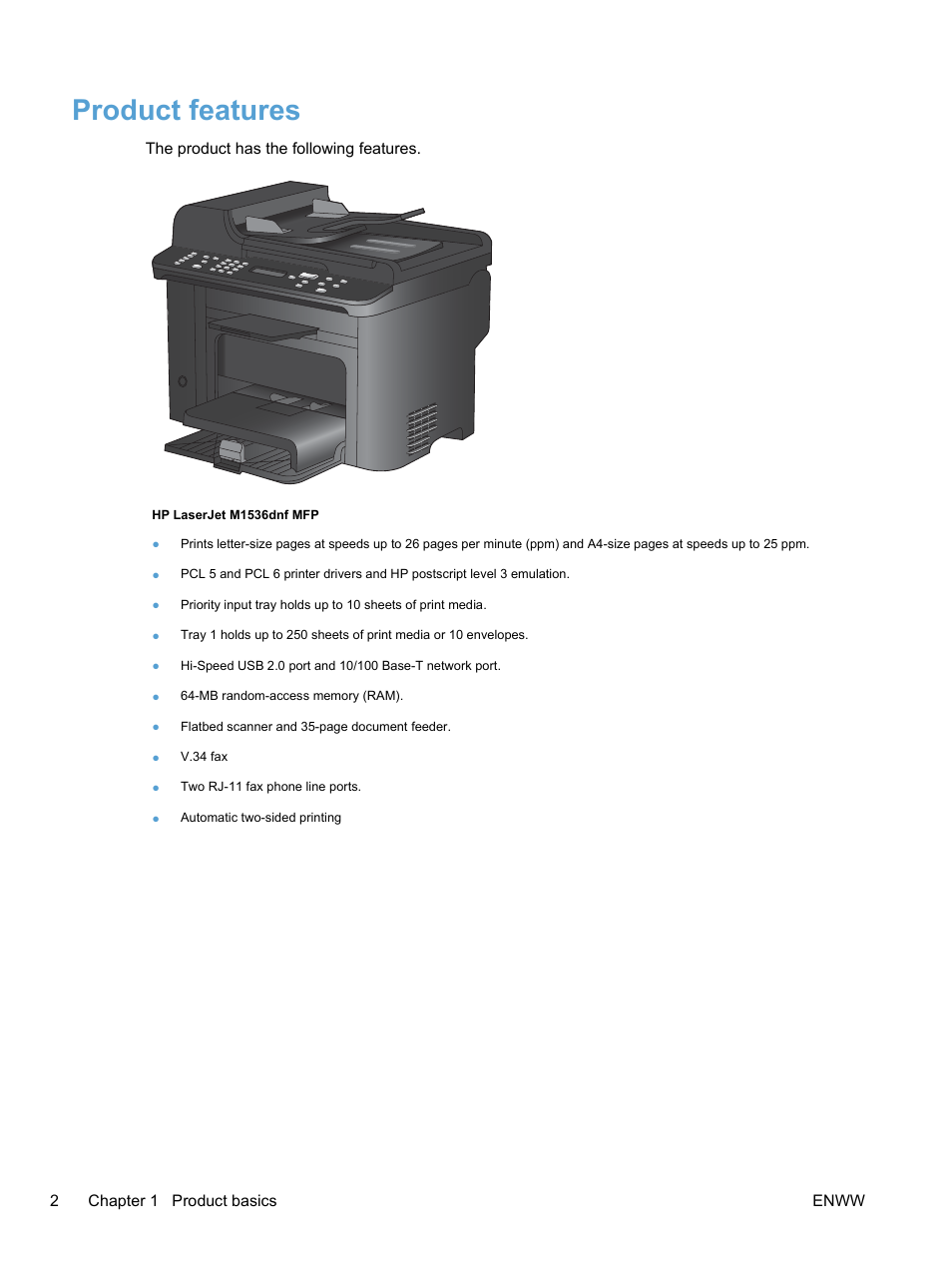Product features | HP LaserJet Pro M1536dnf MFP SERIES User Manual | Page 16 / 286