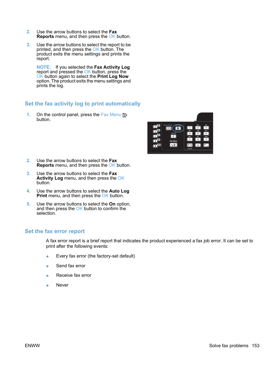 Set the fax activity log to print automatically, Set the fax error report | HP LaserJet Pro M1536dnf MFP SERIES User Manual | Page 167 / 286