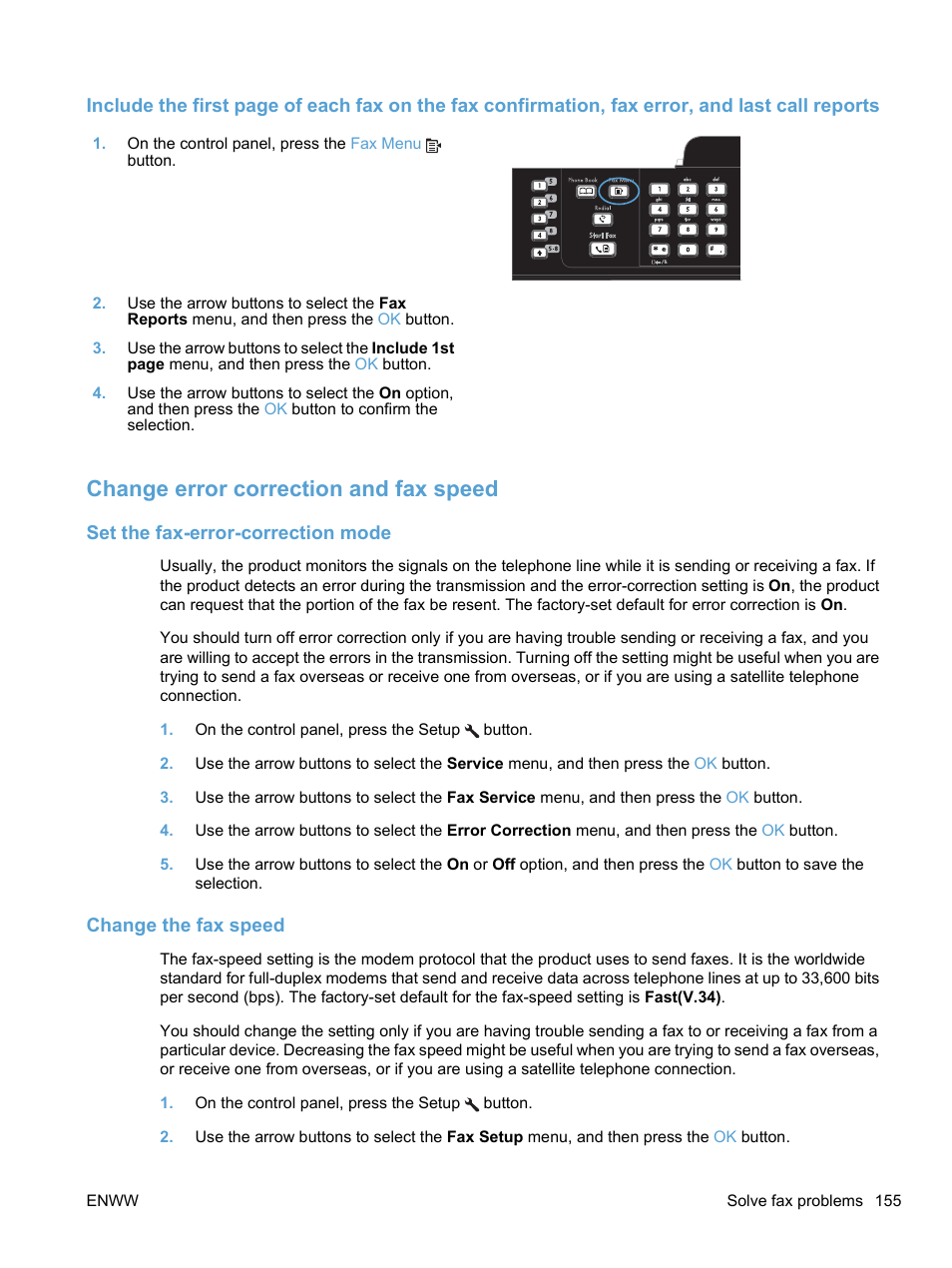 Change error correction and fax speed, Set the fax-error-correction mode, Change the fax speed | HP LaserJet Pro M1536dnf MFP SERIES User Manual | Page 169 / 286