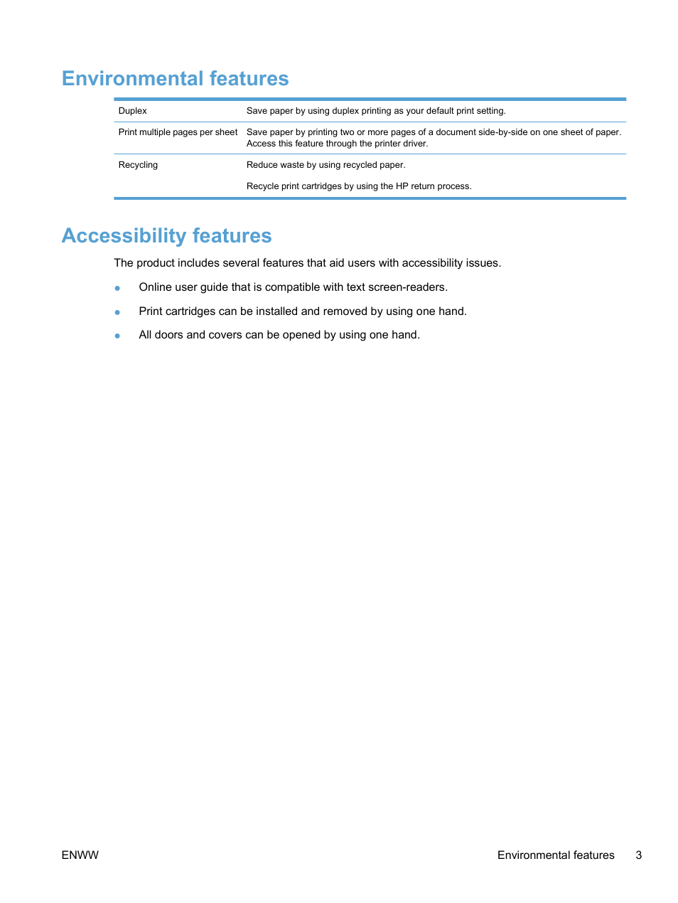 Environmental features, Accessibility features, Environmental features accessibility features | HP LaserJet Pro M1536dnf MFP SERIES User Manual | Page 17 / 286