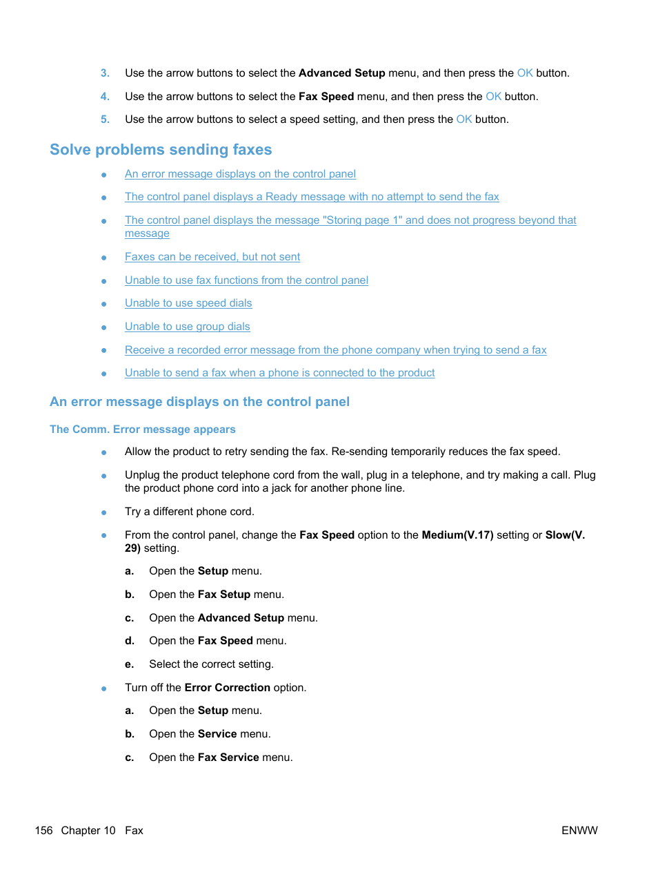 Solve problems sending faxes, An error message displays on the control panel, The comm. error message appears | HP LaserJet Pro M1536dnf MFP SERIES User Manual | Page 170 / 286