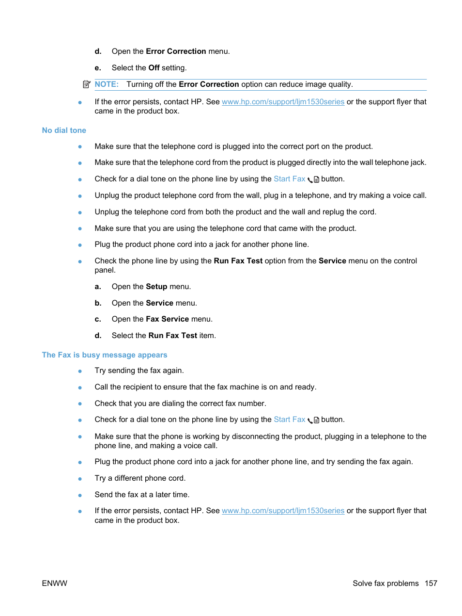 No dial tone, The fax is busy message appears | HP LaserJet Pro M1536dnf MFP SERIES User Manual | Page 171 / 286