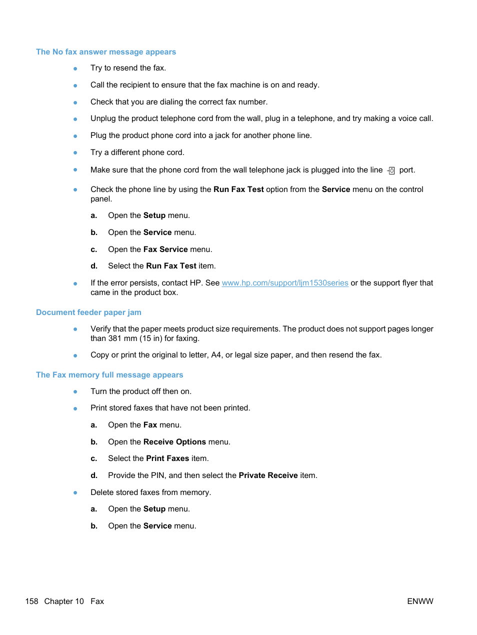 The no fax answer message appears, Document feeder paper jam, The fax memory full message appears | HP LaserJet Pro M1536dnf MFP SERIES User Manual | Page 172 / 286