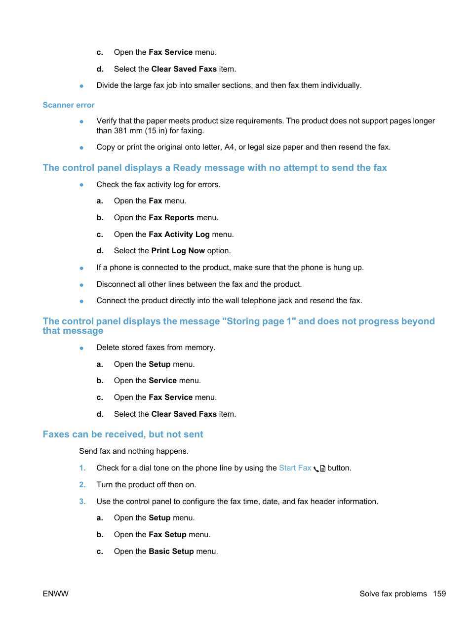 Scanner error, Faxes can be received, but not sent | HP LaserJet Pro M1536dnf MFP SERIES User Manual | Page 173 / 286