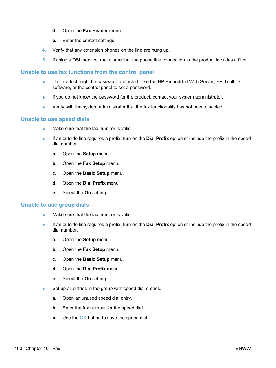 Unable to use fax functions from the control panel, Unable to use speed dials, Unable to use group dials | HP LaserJet Pro M1536dnf MFP SERIES User Manual | Page 174 / 286