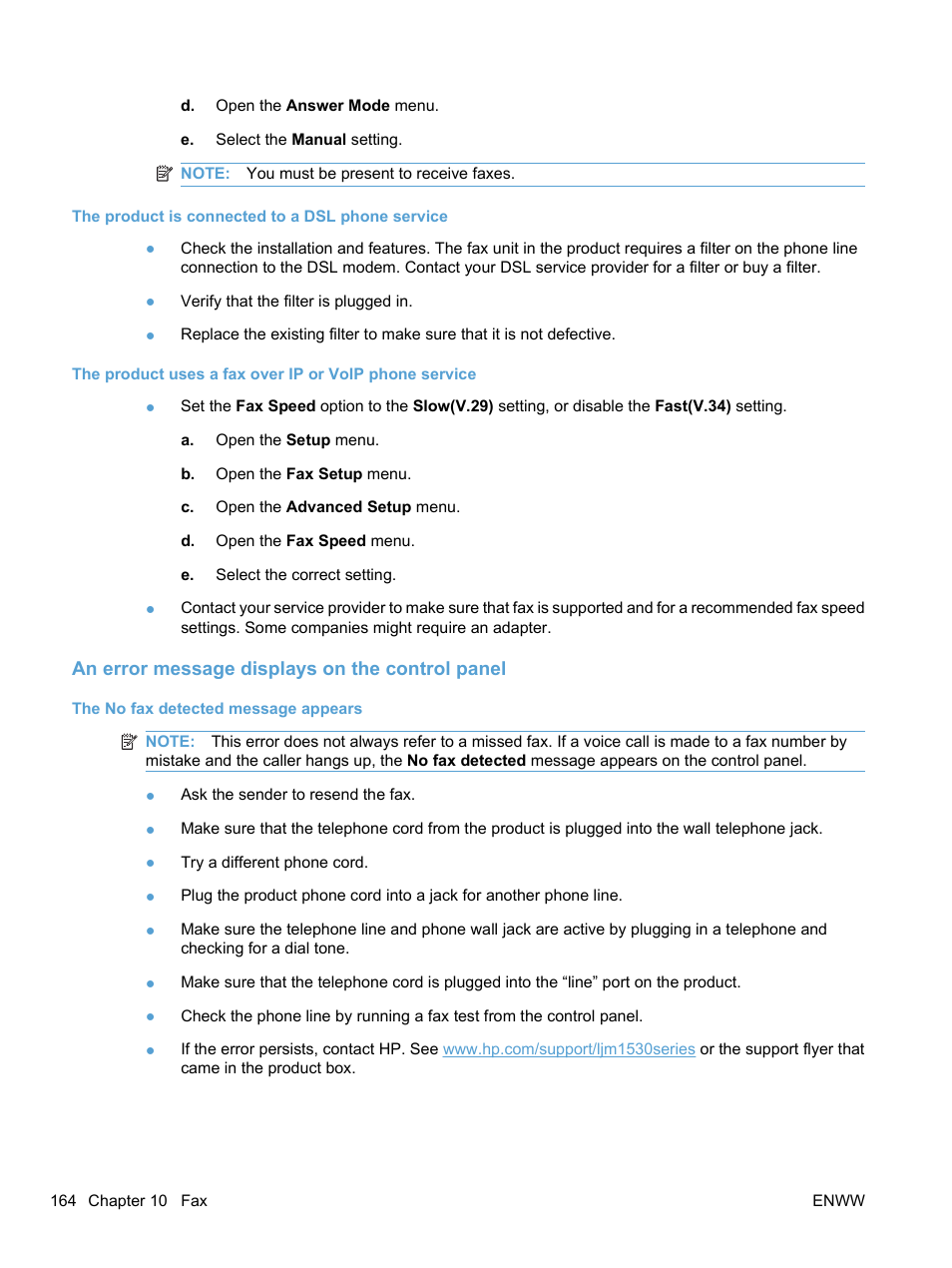 The product is connected to a dsl phone service, An error message displays on the control panel, The no fax detected message appears | HP LaserJet Pro M1536dnf MFP SERIES User Manual | Page 178 / 286