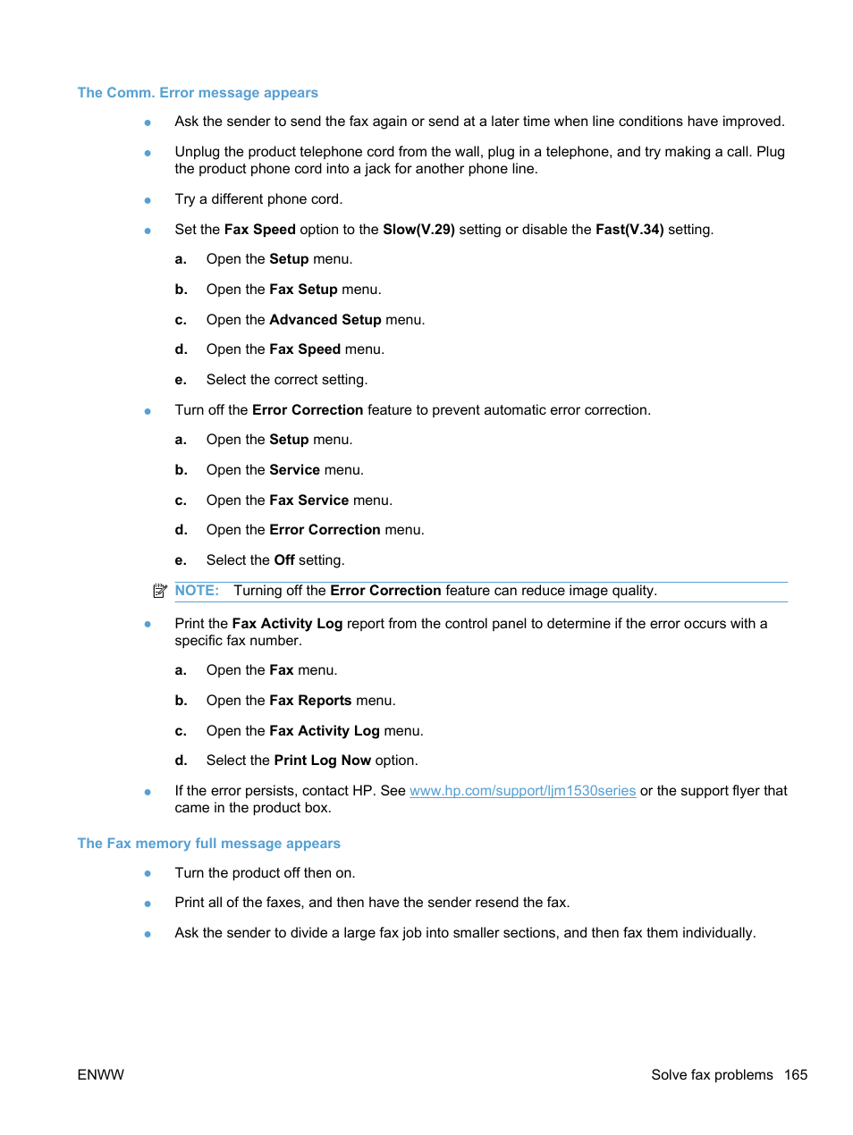 The comm. error message appears, The fax memory full message appears | HP LaserJet Pro M1536dnf MFP SERIES User Manual | Page 179 / 286