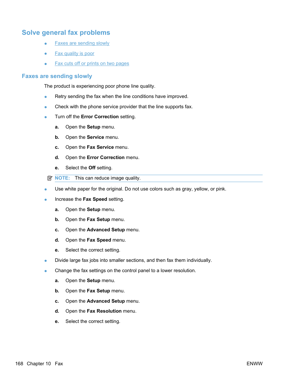 Solve general fax problems, Faxes are sending slowly | HP LaserJet Pro M1536dnf MFP SERIES User Manual | Page 182 / 286