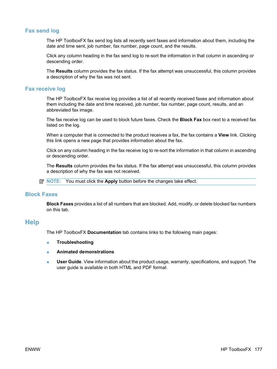 Fax send log, Fax receive log, Block faxes | Help | HP LaserJet Pro M1536dnf MFP SERIES User Manual | Page 191 / 286