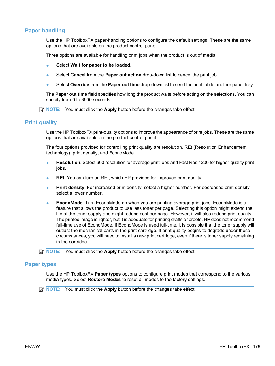 Paper handling, Print quality, Paper types | HP LaserJet Pro M1536dnf MFP SERIES User Manual | Page 193 / 286
