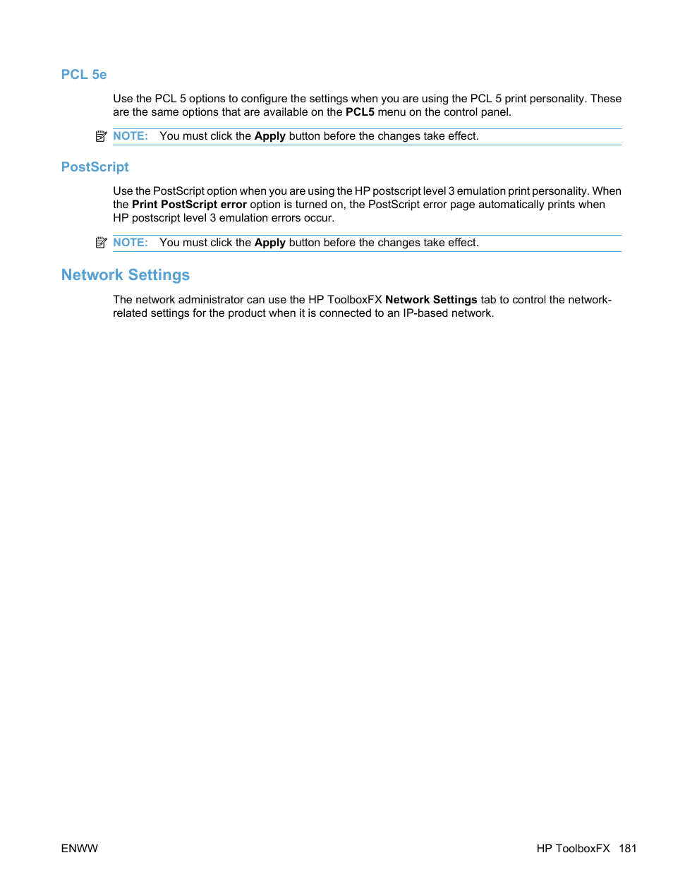 Pcl 5e, Postscript, Network settings | HP LaserJet Pro M1536dnf MFP SERIES User Manual | Page 195 / 286