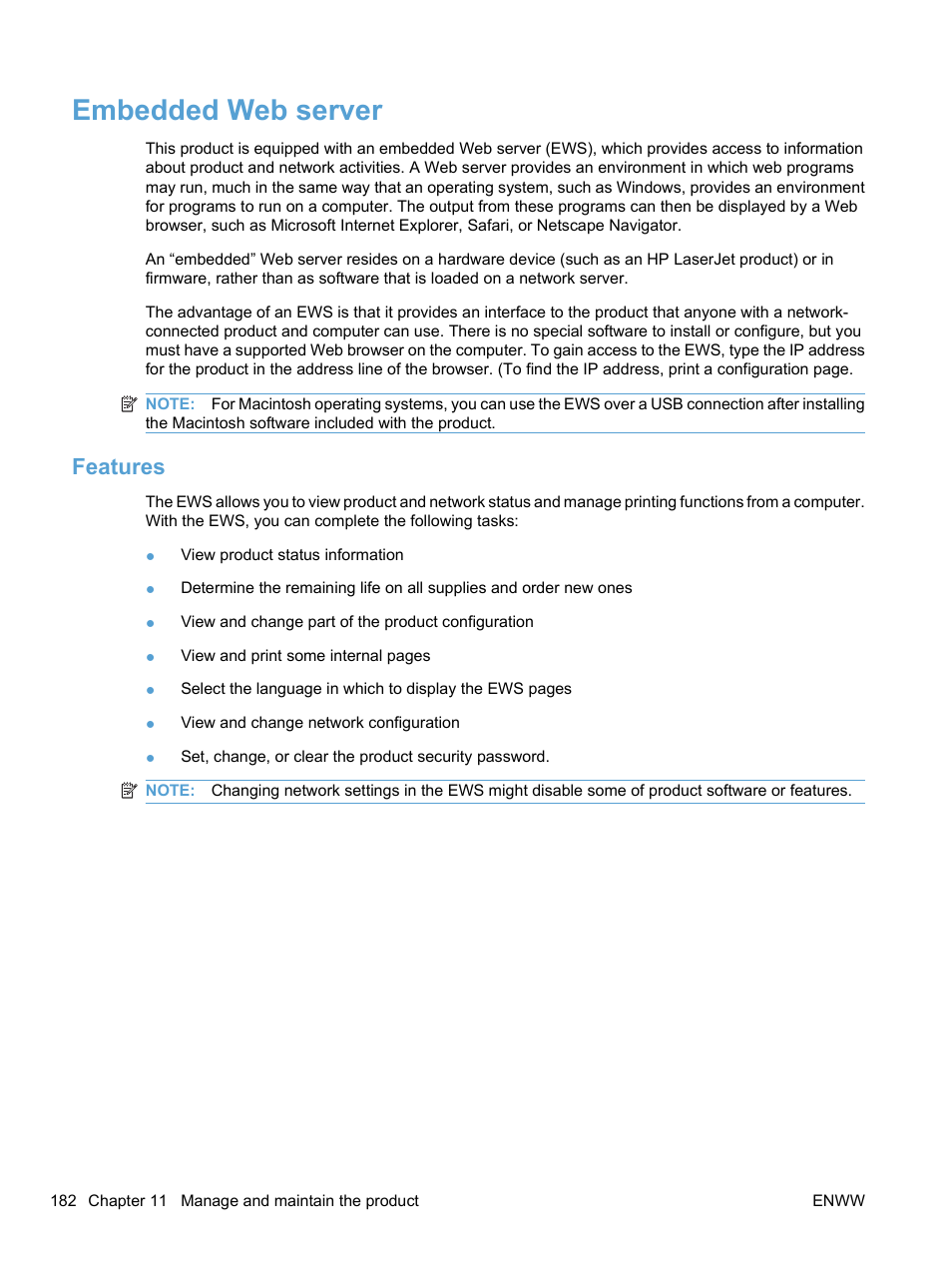 Embedded web server, Features | HP LaserJet Pro M1536dnf MFP SERIES User Manual | Page 196 / 286