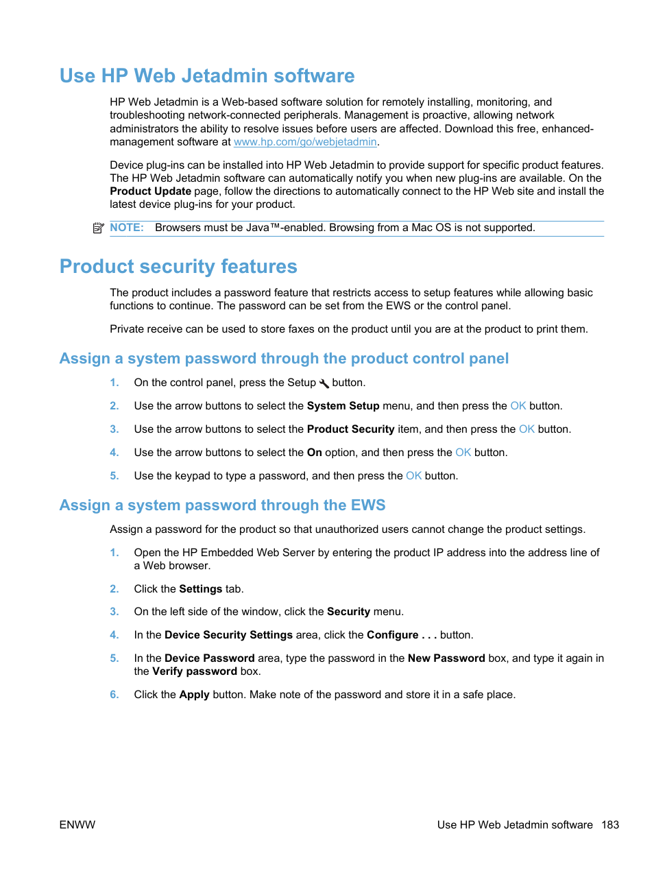 Use hp web jetadmin software, Product security features, Assign a system password through the ews | HP LaserJet Pro M1536dnf MFP SERIES User Manual | Page 197 / 286