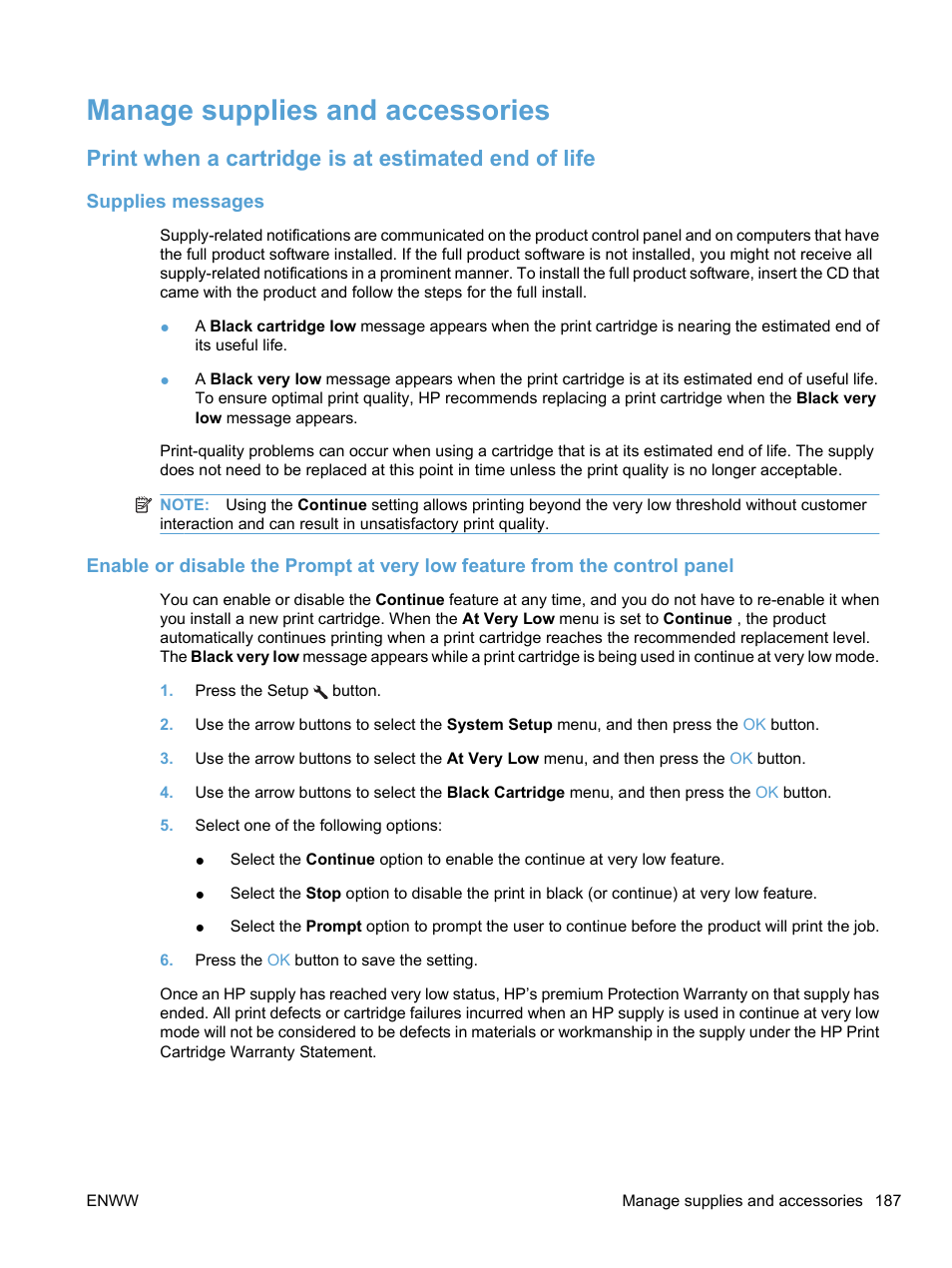 Manage supplies and accessories, Print when a cartridge is at estimated end of life, Supplies messages | HP LaserJet Pro M1536dnf MFP SERIES User Manual | Page 201 / 286