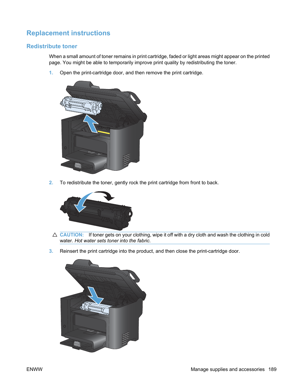 Replacement instructions, Redistribute toner | HP LaserJet Pro M1536dnf MFP SERIES User Manual | Page 203 / 286