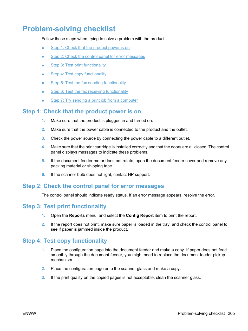 Problem-solving checklist, Step 1: check that the product power is on, Step 2: check the control panel for error messages | Step 3: test print functionality, Step 4: test copy functionality | HP LaserJet Pro M1536dnf MFP SERIES User Manual | Page 219 / 286